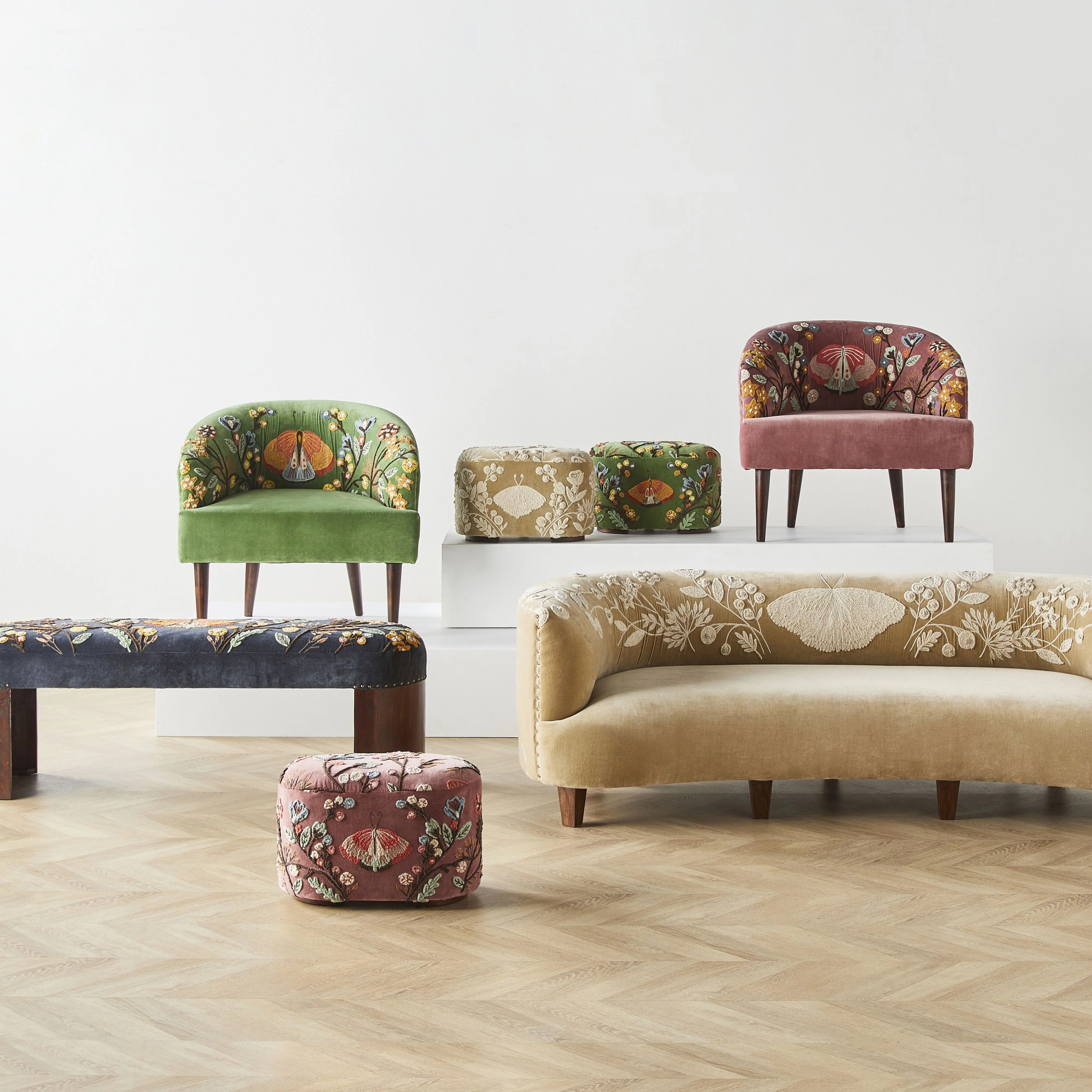 Freya Embroidered Bench Dark Blue Velvet - Image 8