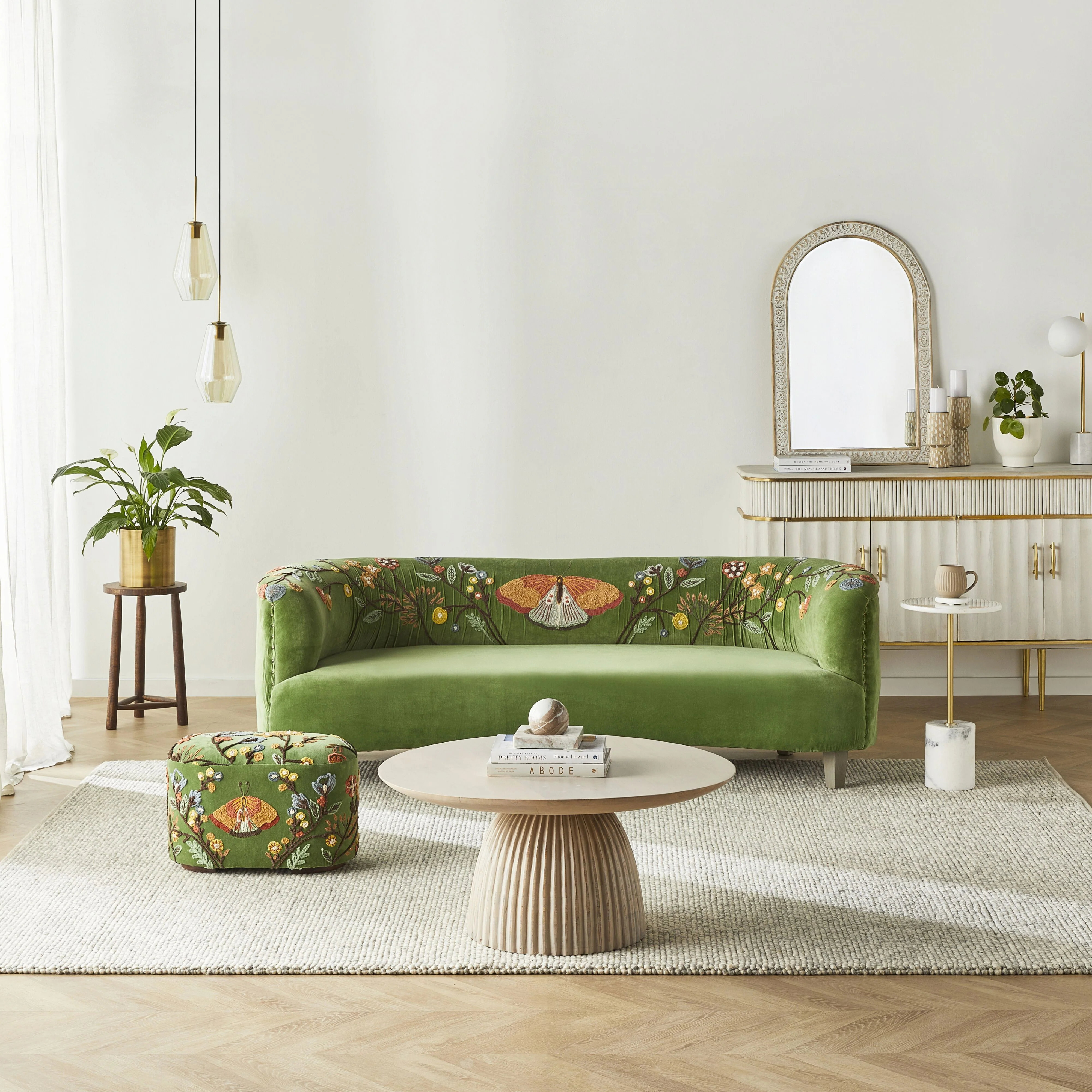 Freya Embroidered Ottoman Green Velvet - Image 7