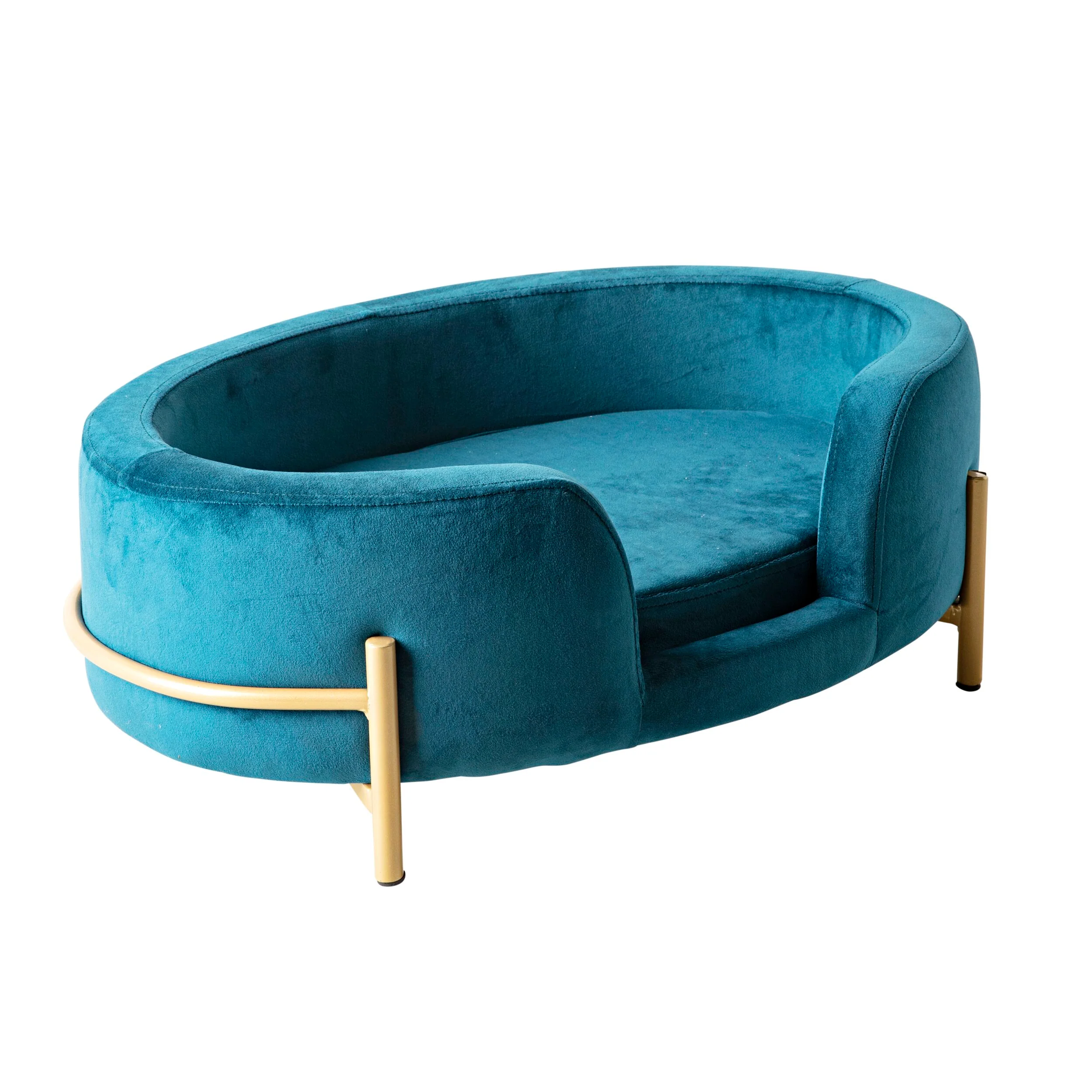 Oval Velvet Pet Bed Teal Blue 64x41x24cm - Image 2